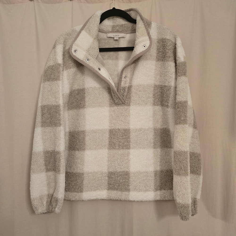 LOFT Plaid Sherpa 1/4 Snap Collar Top